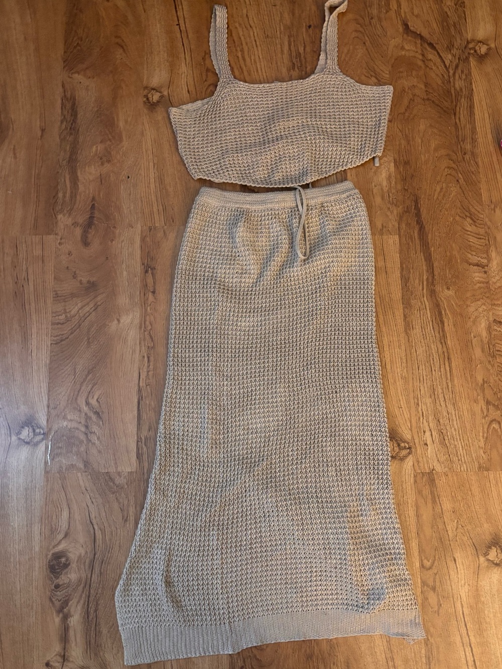 Tan Knit Swim Coverup Set - Maxi Skirt & Crop Top